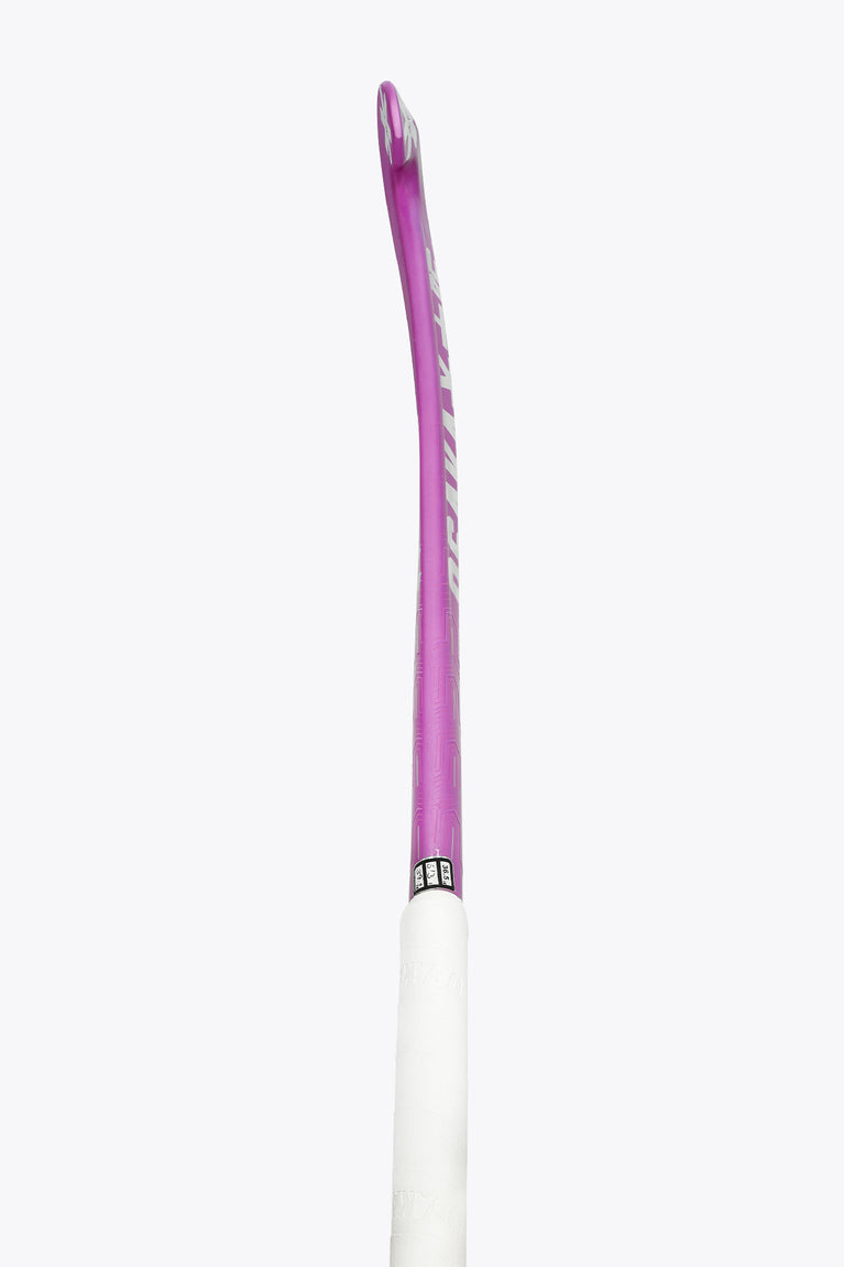 White-and-purple field hockey stick shaft with white handle grip