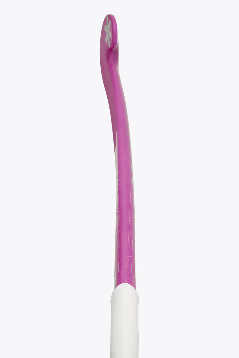 Rose pink field hockey stick with white grip and long shaft