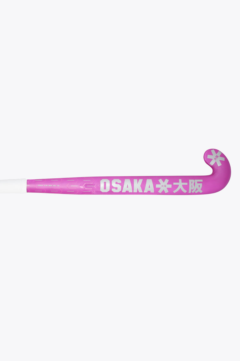 Rose pink low-bow hockey stick with OSAKA lettering along the shaft