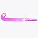 Purple low-bow field hockey stick laid horizontally with printed shaft