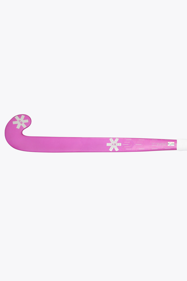 Rose pink low-bow field hockey stick with rounded toe end