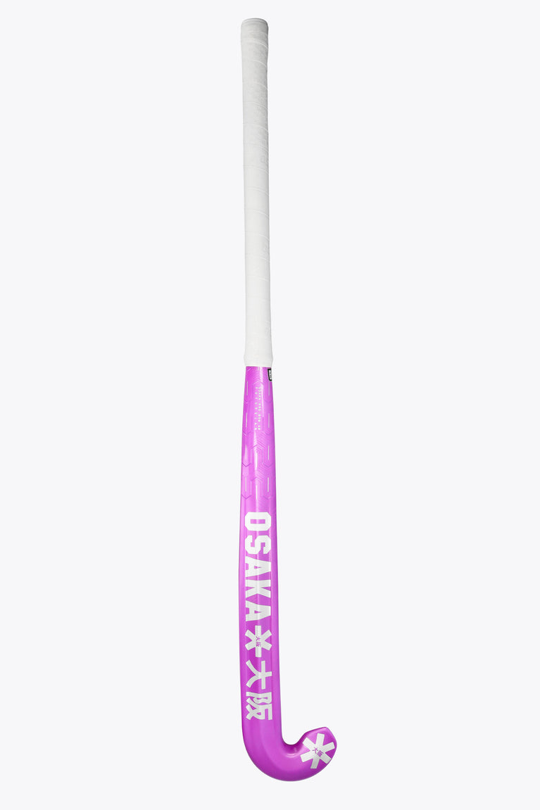 Rose bud low-bow field hockey stick with white grip and purple blade