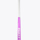 Rose bud low-bow field hockey stick with white grip and purple blade