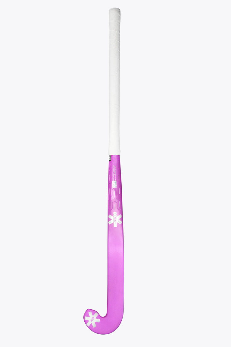 Purple low-bow field hockey stick with white grip and star logo on blade