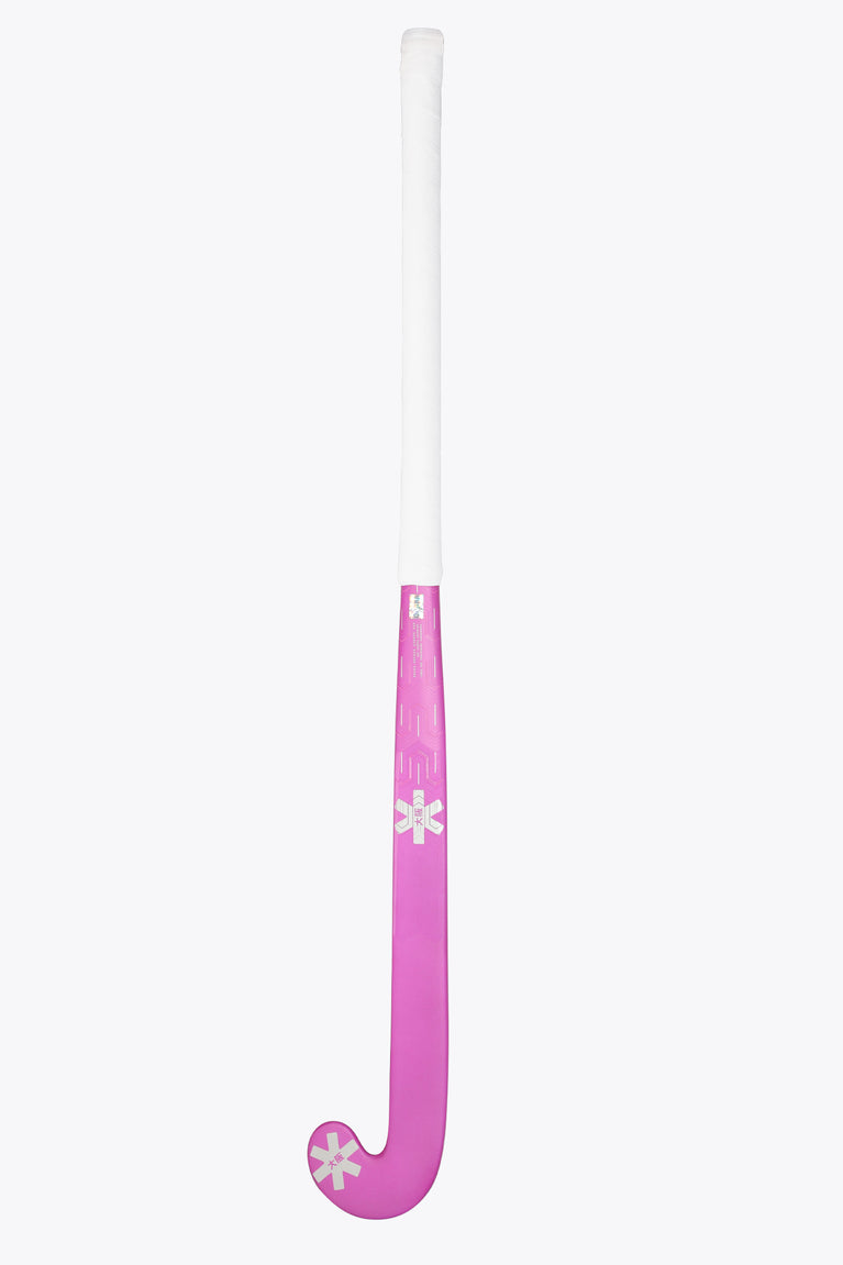 Rose pink low-bow field hockey stick with white grip, straight shaft