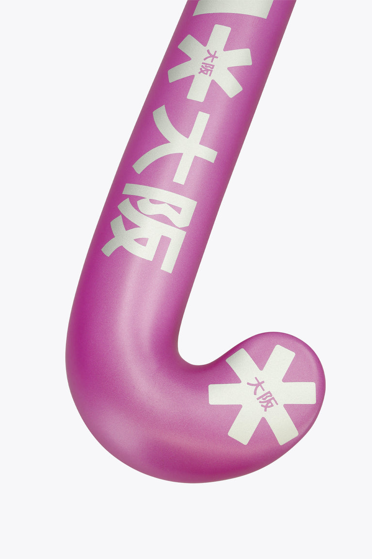 Magenta low-bow field hockey stick head with white performance icons