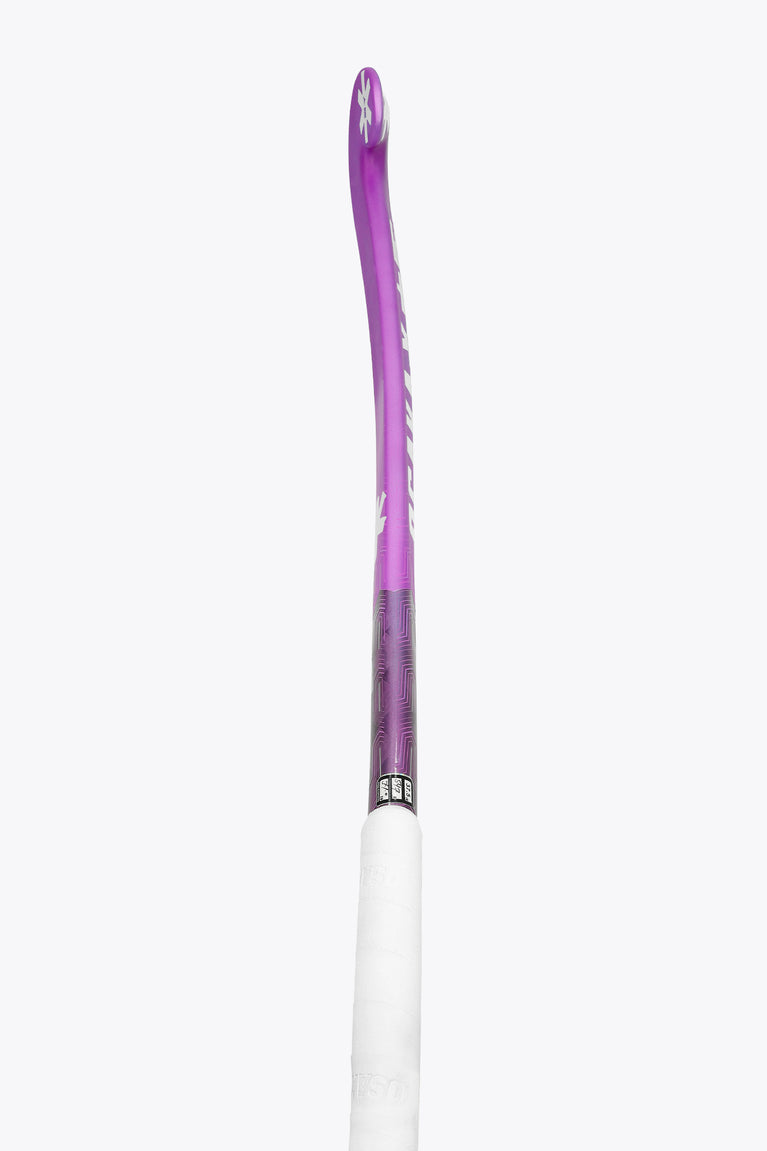 Rose bud field hockey stick shaft with white grip and purple upper section.