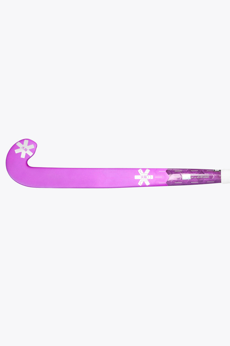 Purple field hockey stick with low-bow head and rose bud shaft, side view.