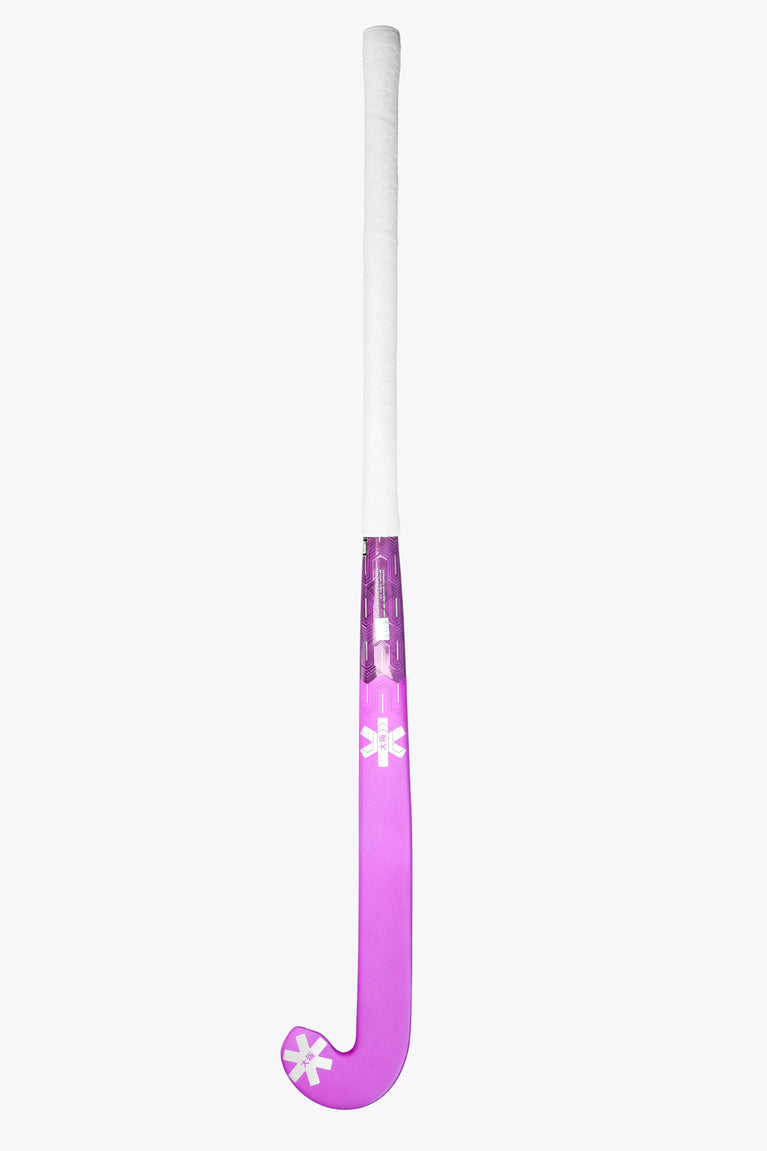 Rose bud field hockey stick lower section with white grip and purple curved end.