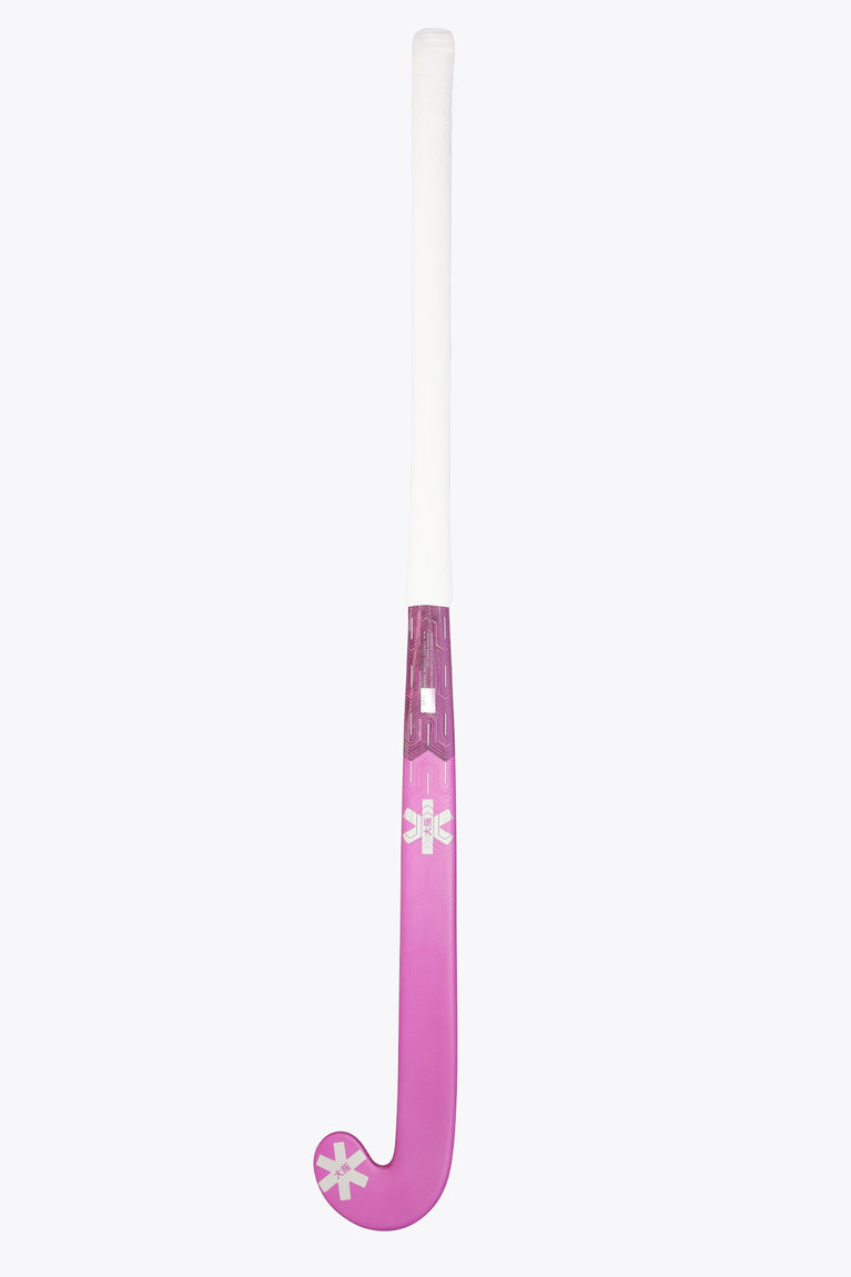 Magenta field hockey stick with white grip sleeve and curved hook head