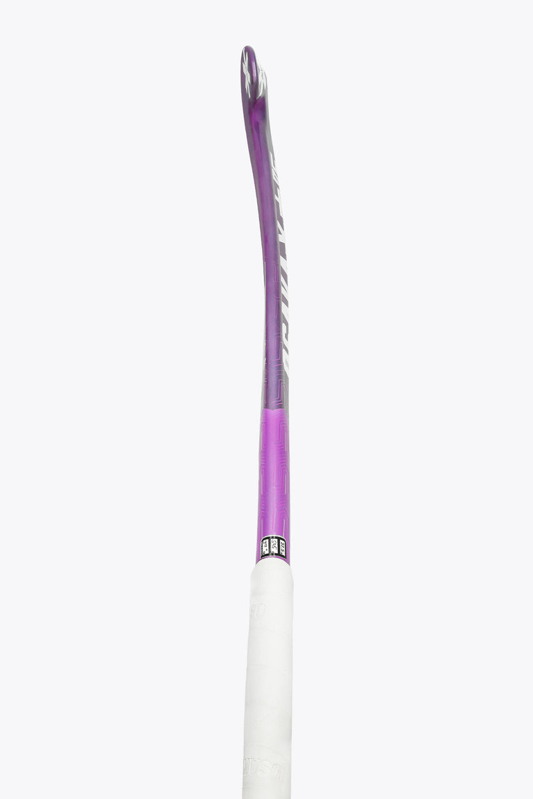 Rose bud purple field hockey stick shaft with white grip section at the handle.