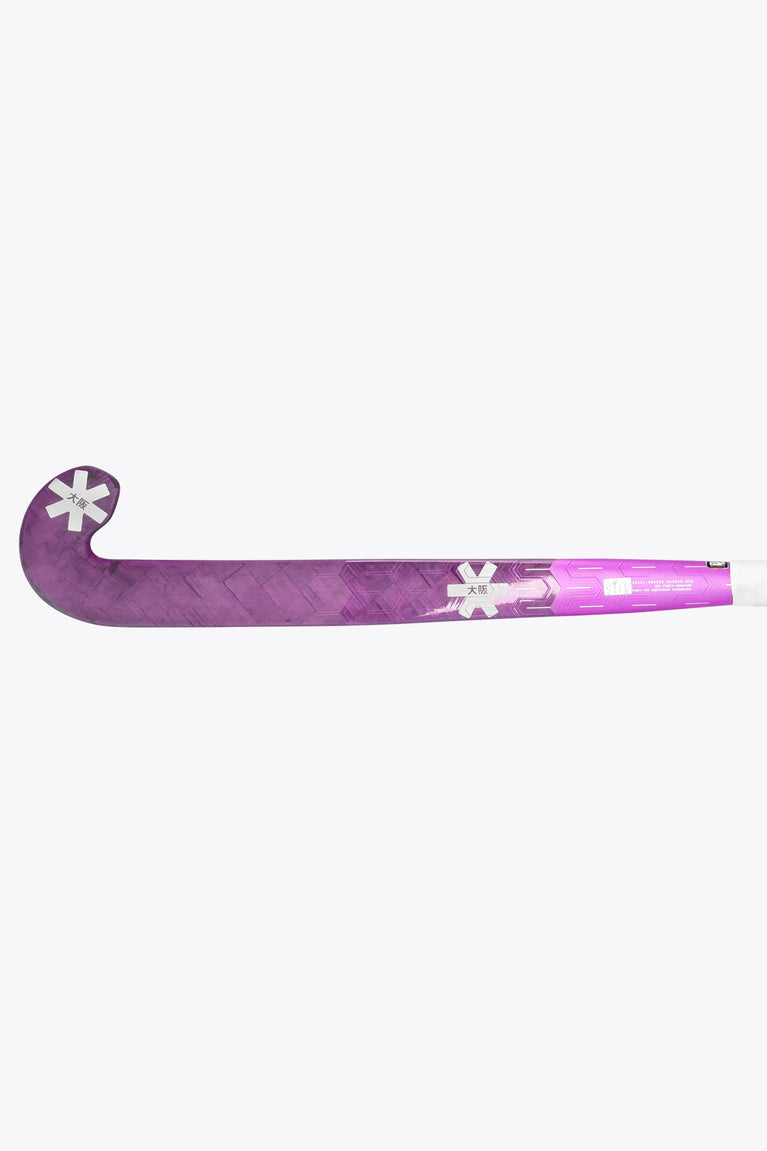 Rose bud purple field hockey stick with rounded head and low bow curve.