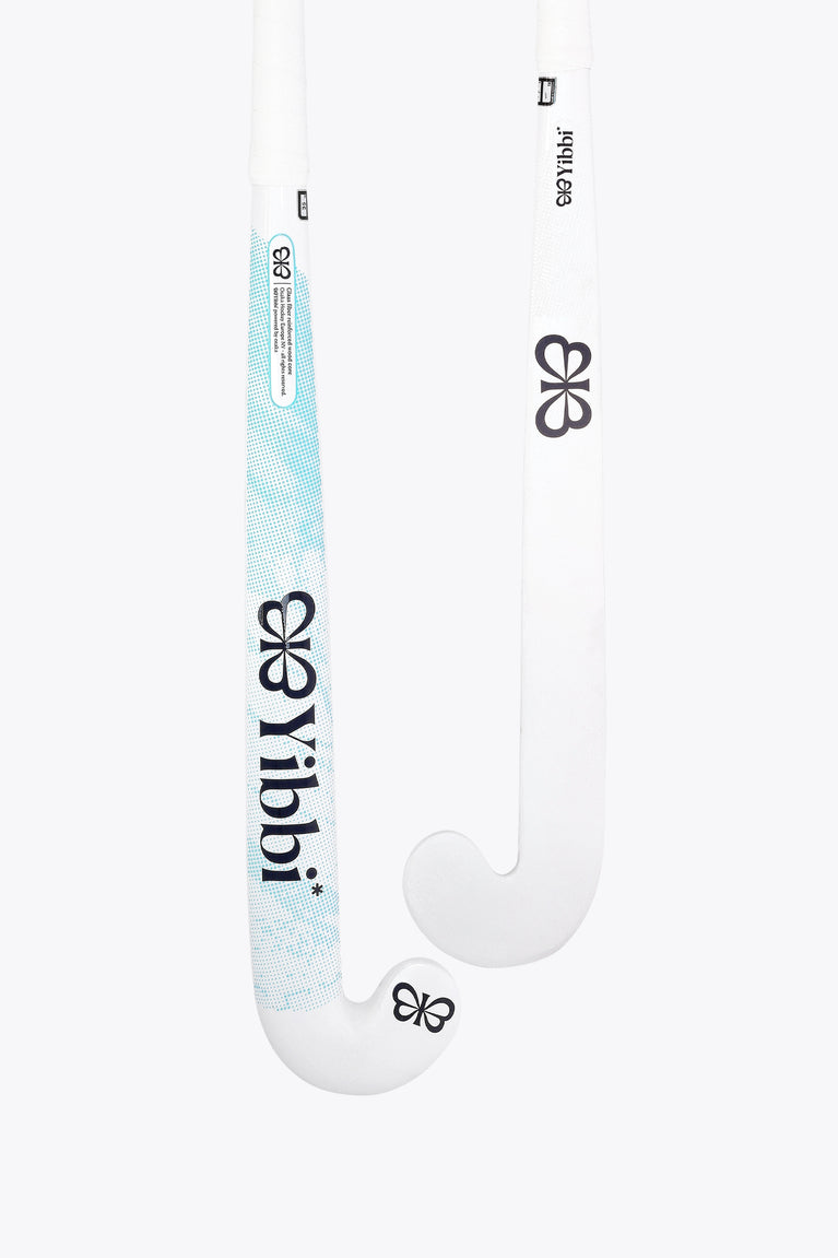 White field hockey stick head with blue text print and black logo on curved blade