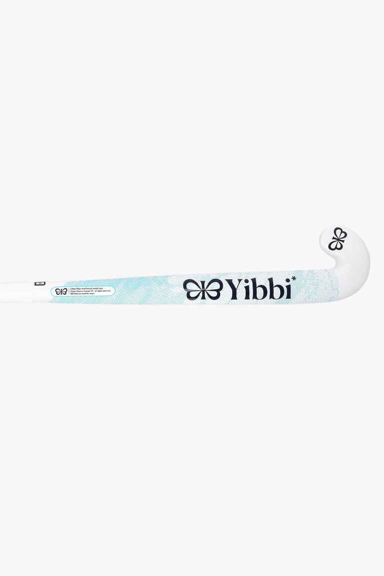 White field hockey stick blade with blue patterned grip area and black logo
