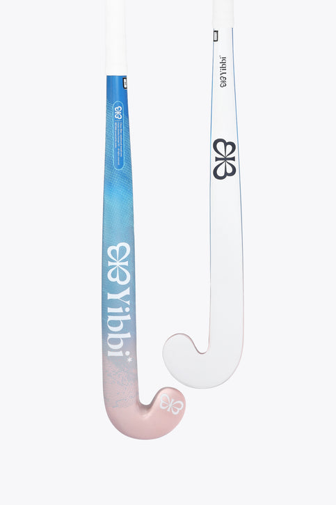 Mid-bow field hockey stick with blue-to-pastel pink shaft and rounded white blade.