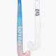 Mid-bow field hockey stick with blue-to-pastel pink shaft and rounded white blade.