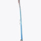 Mid-bow field hockey stick side view with blue grip area and white handle end.