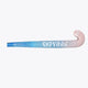 Mid-bow field hockey stick with blue shaft, pastel pink lower section, white blade.