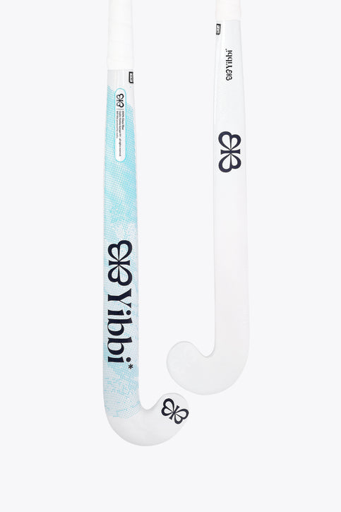 Yibbi Mid Bow GF hockey stick, white with blue patterned section and bow logo