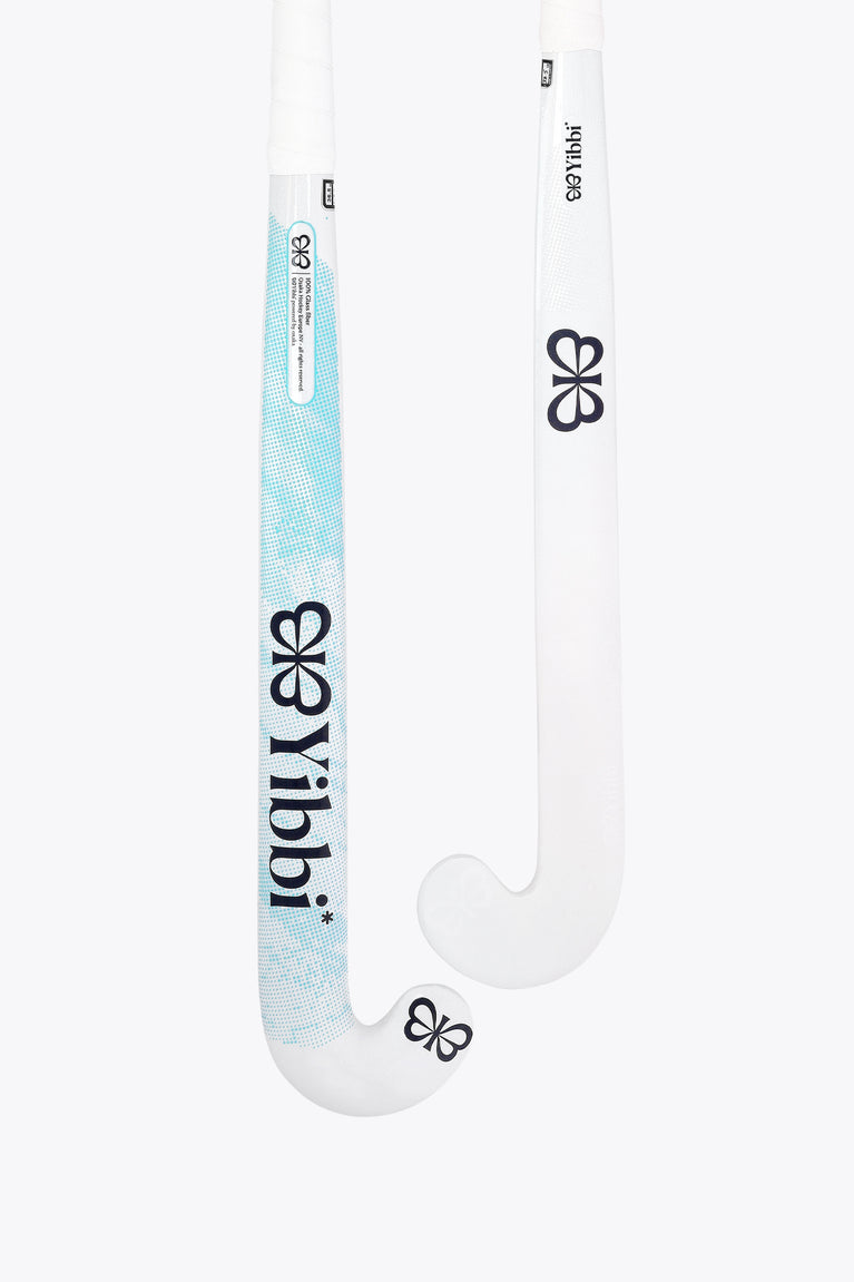Yibbi Mid Bow GF hockey stick, white with blue patterned section and bow logo