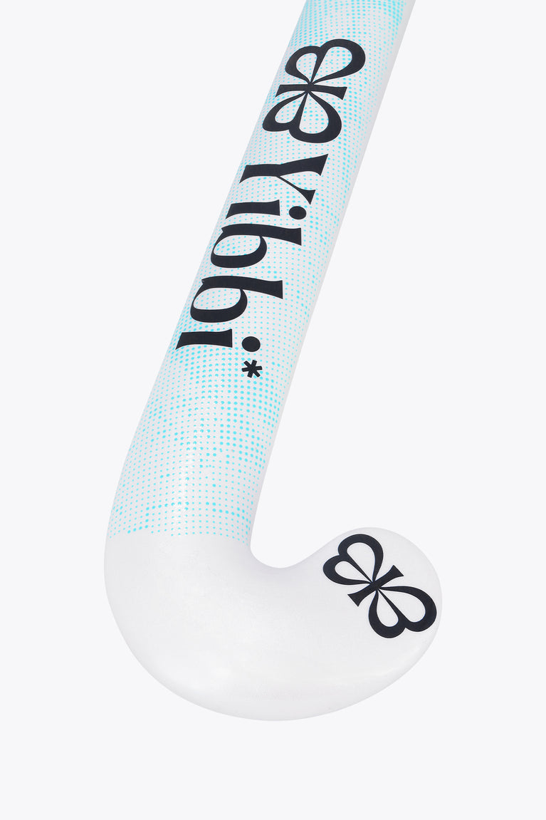 Yibbi Mid Bow GF hockey stick, white curved blade end with blue graphic and bow logo