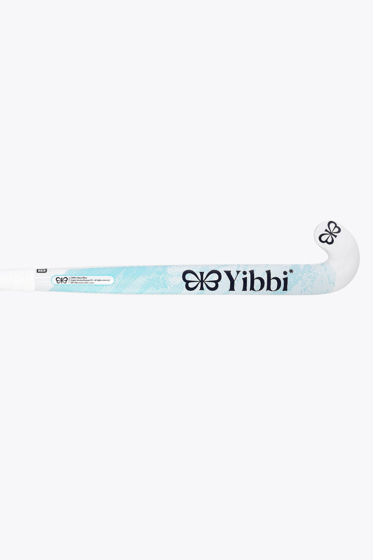 Yibbi Mid Bow GF hockey stick, white stick with blue band and bow logo on side