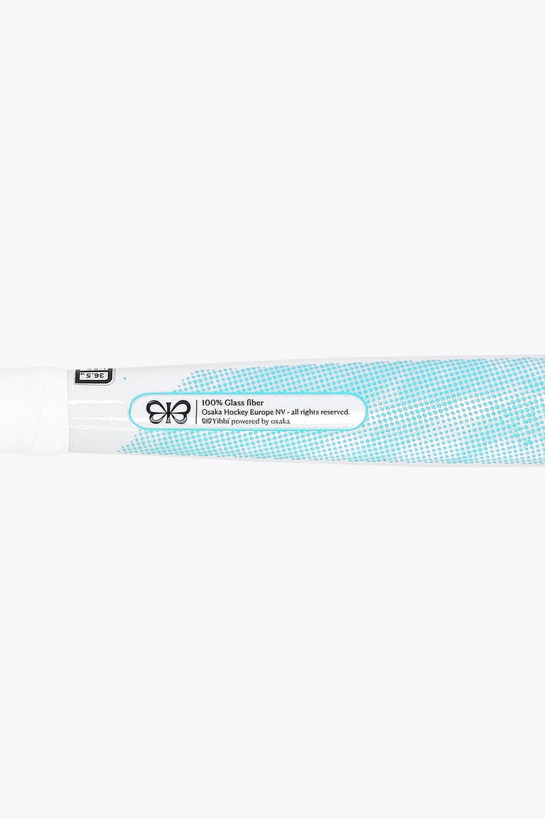 Yibbi Mid Bow GF hockey stick, white shaft with blue label text panel and bow logo