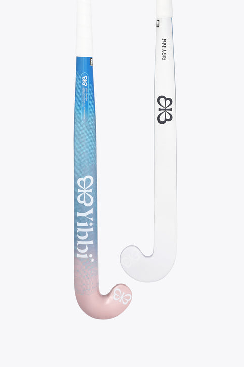 Mid-bow field hockey stick, blue shaft with pastel pink curved head