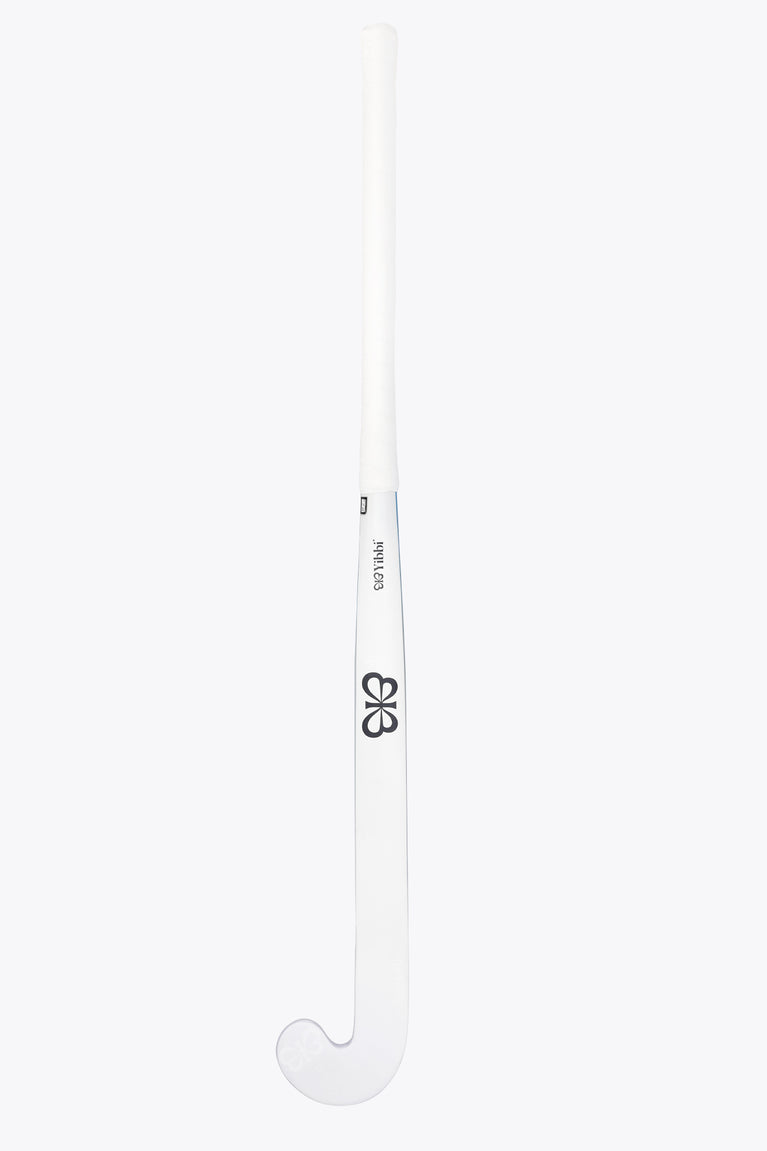 Field hockey stick shaft with white finish and black clover logo near handle