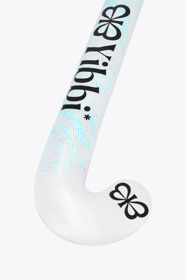 White field hockey stick head with blue side print and black logo