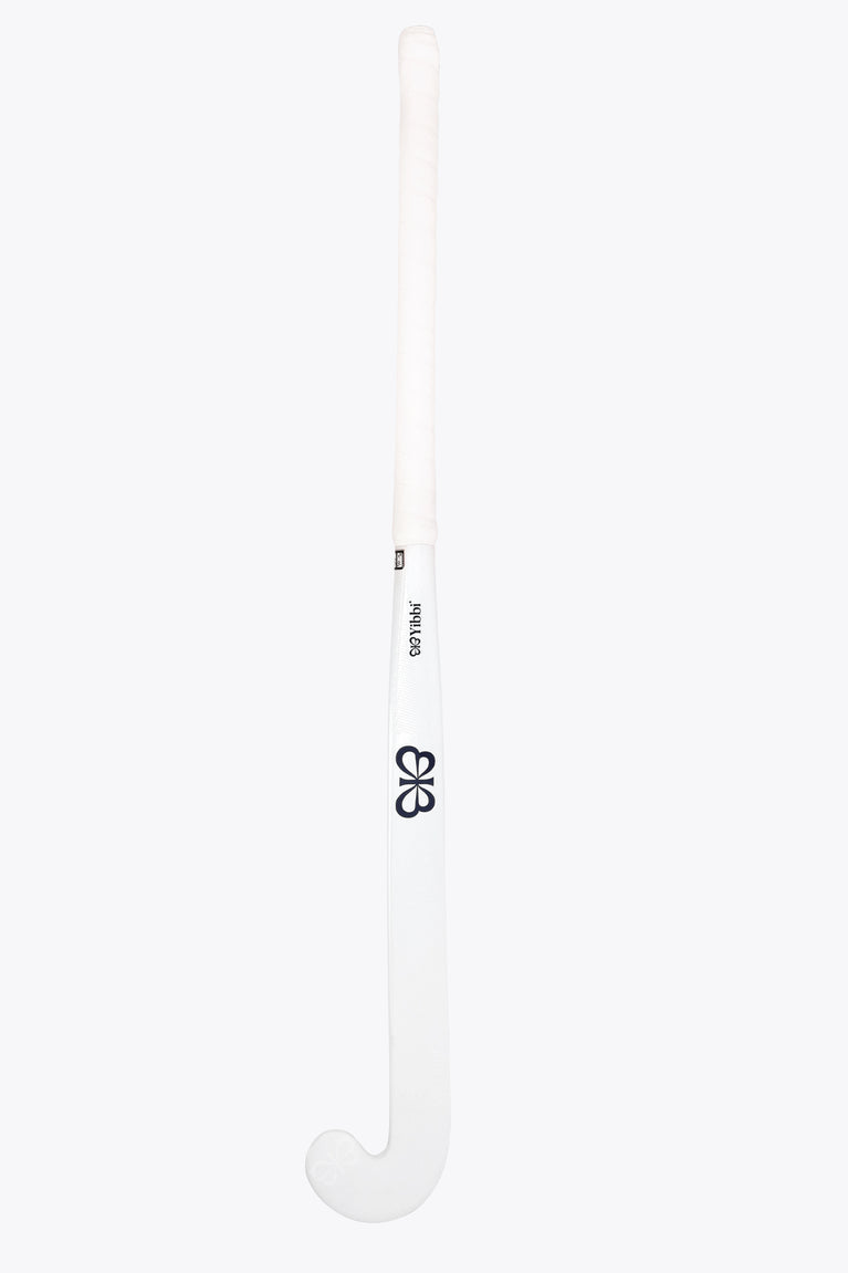 White field hockey stick shaft with black emblem and smooth curved blade