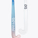 Field hockey stick with blue shaft and pastel pink curved blade end