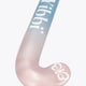Field hockey stick head with blue-to-pastel pink design and grooved texture
