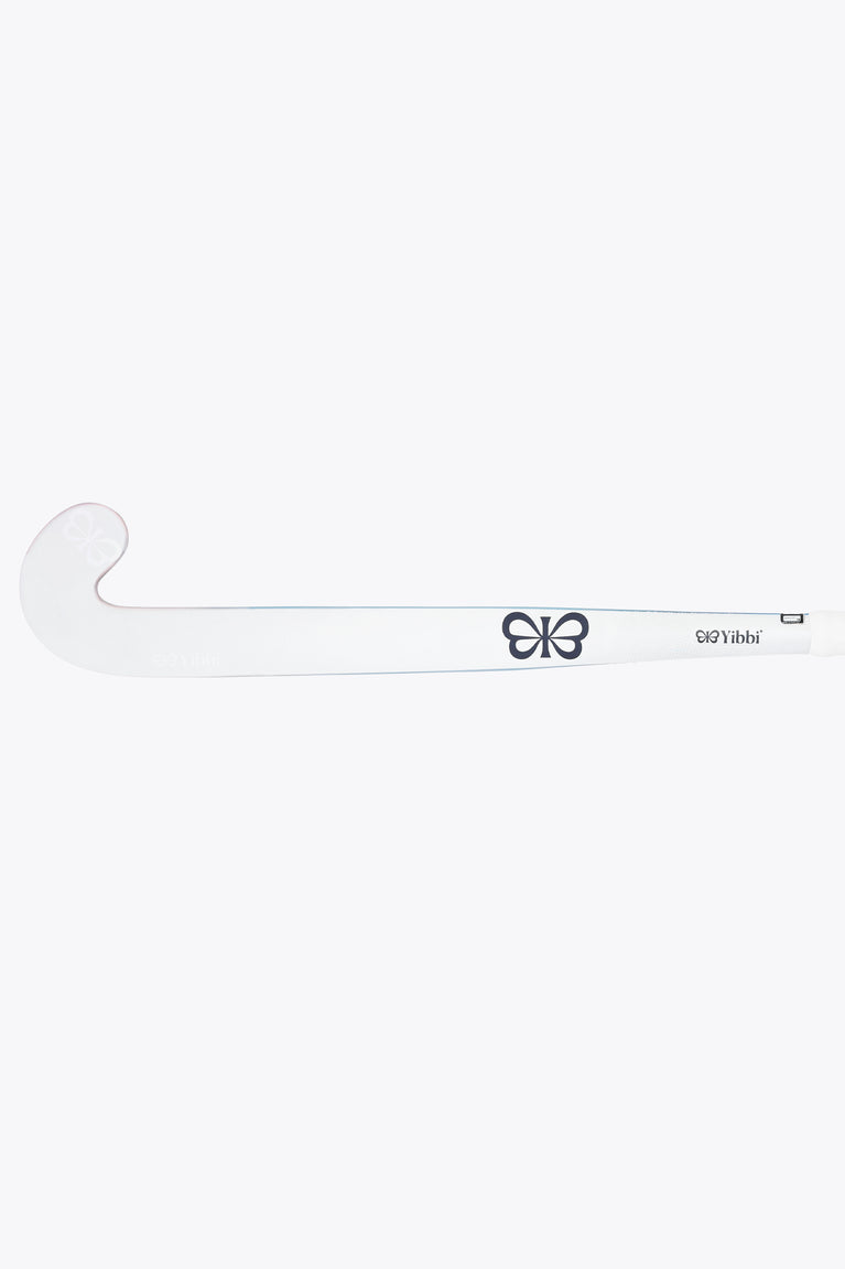 Field hockey stick underside with white blade, blue stripe, and logo
