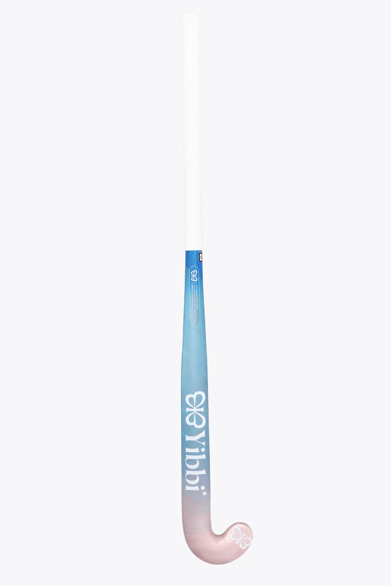 Field hockey stick closeup, blue handle with pastel pink blade and Yibbi logo