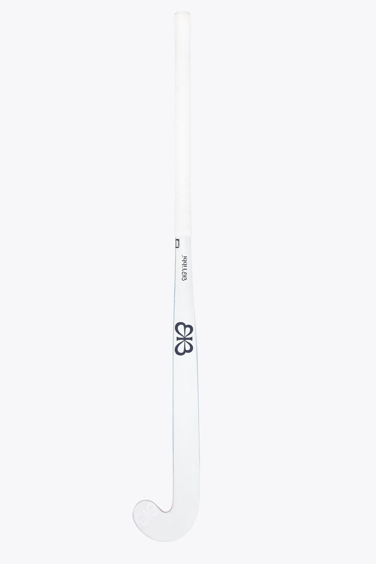 Field hockey stick handle closeup, white shaft with blue logo and grip band