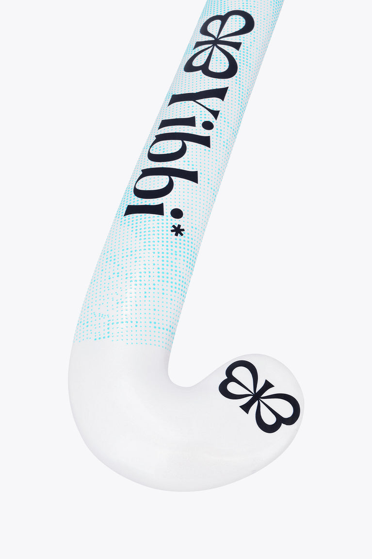Yibbi field hockey stick showing angled white blade with light blue grip area