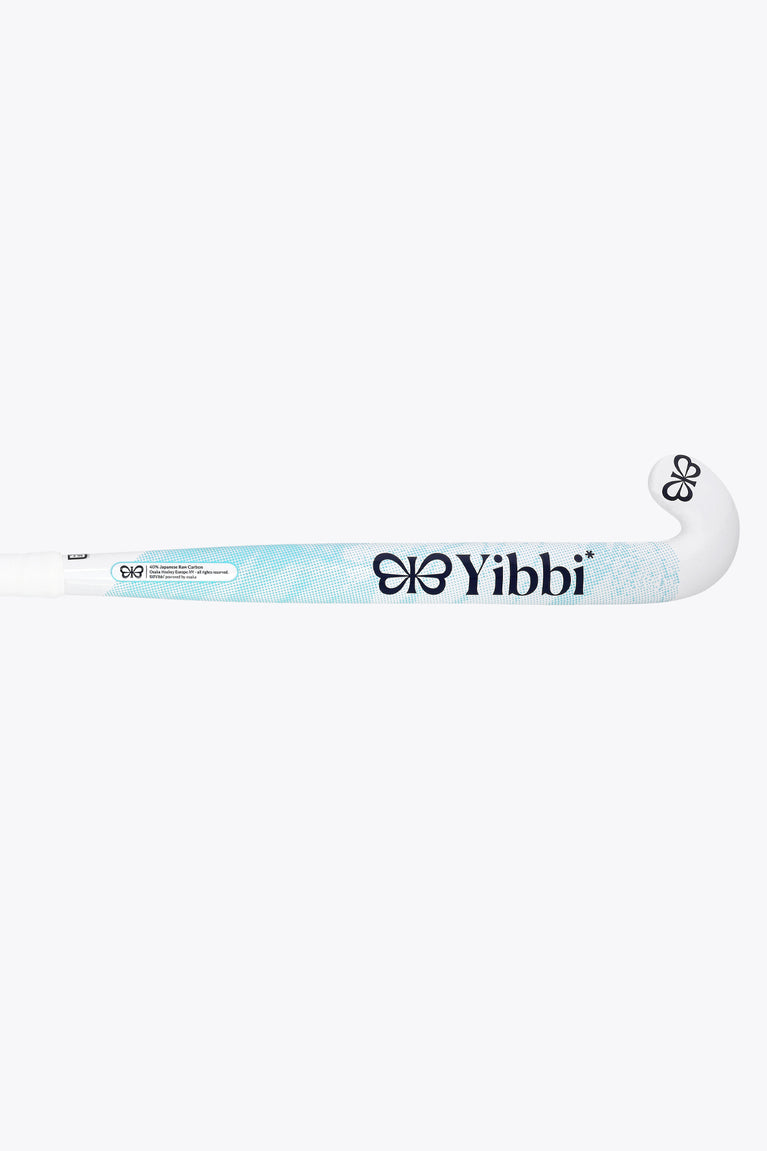 Yibbi field hockey stick with white stick, light blue center strip, and black logo