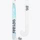 Field hockey stick head, white with blue Yibbi graphics and low bow curve