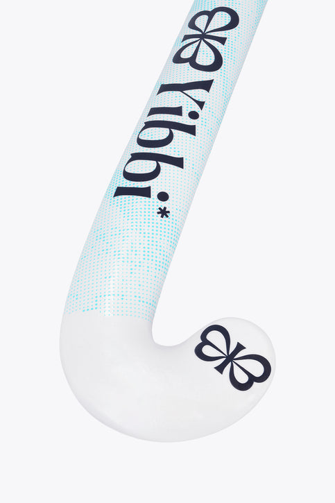 Field hockey stick head, white with blue Yibbi graphics and low bow curve