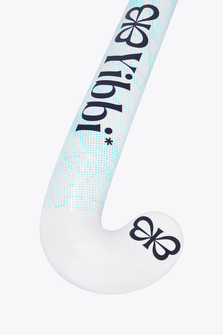 Field hockey stick blade end, white with blue stripe and black flower logo