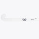 Field hockey stick, white blade with black flower logo and centered text