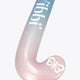 Field hockey stick head angled view with blue upper and pastel pink lower curve.