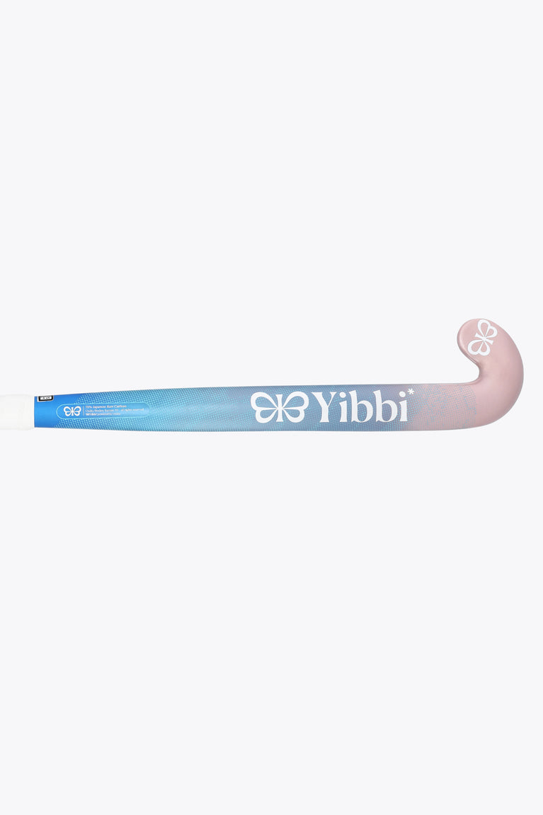 Field hockey stick, blue shaft with pastel pink curved head and Yibbi logo.
