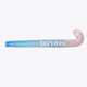 Field hockey stick, blue shaft with pastel pink curved head and Yibbi logo.