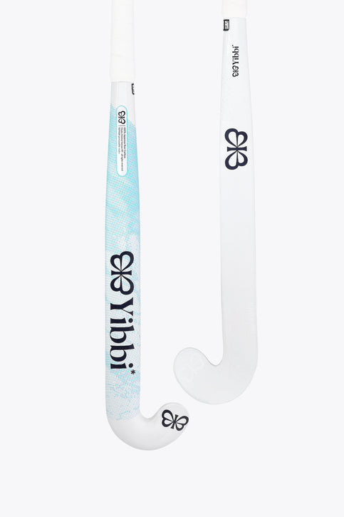 White field hockey stick with curved head, light-blue patterned shaft and grip