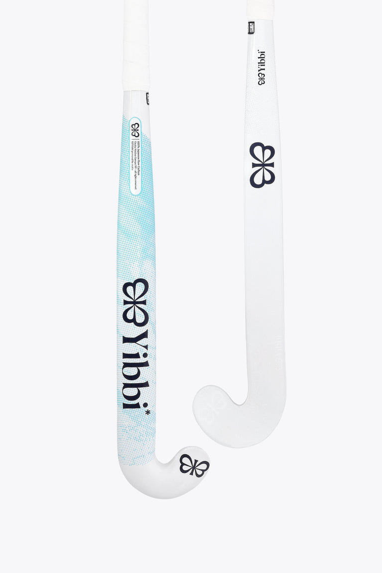 White field hockey stick with curved head, light-blue patterned shaft and grip