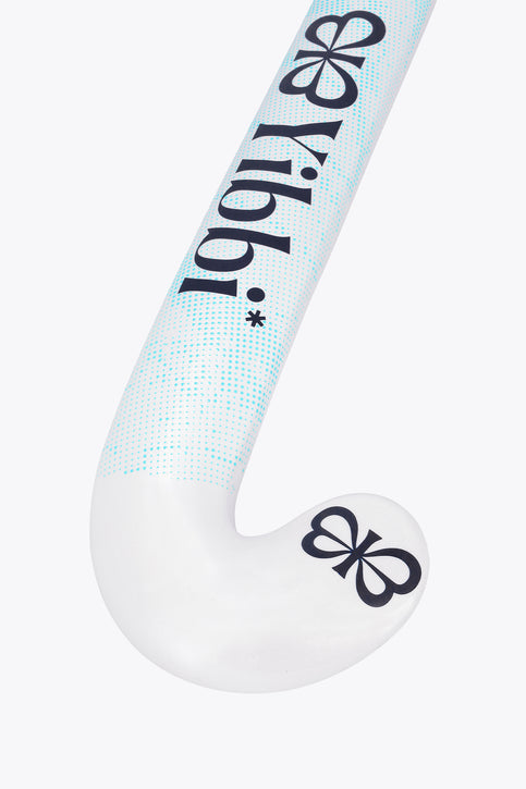 White field hockey stick with curved head, light-blue patterned shaft and grip