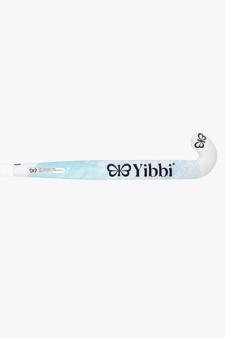 White field hockey stick with light-blue patterned grip strip and curved hook blade
