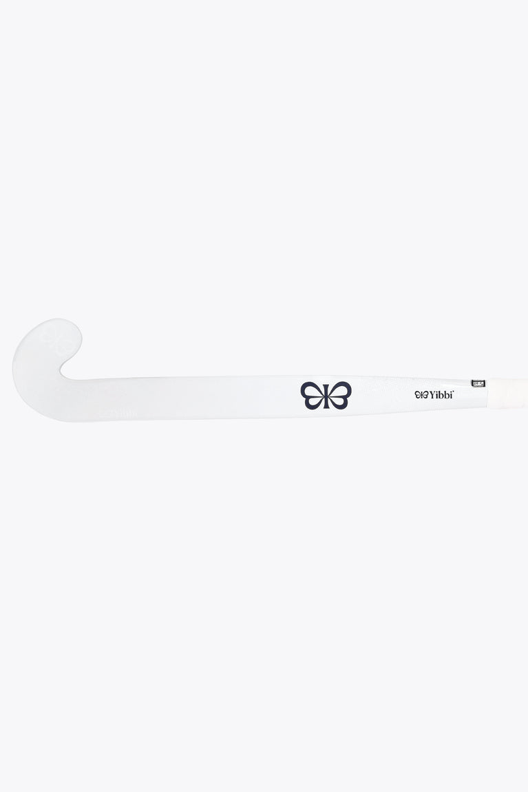 White field hockey stick with curved head and black logo on the shaft